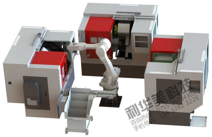 加工中心關(guān)節(jié)機(jī)器人一對三配提升料倉